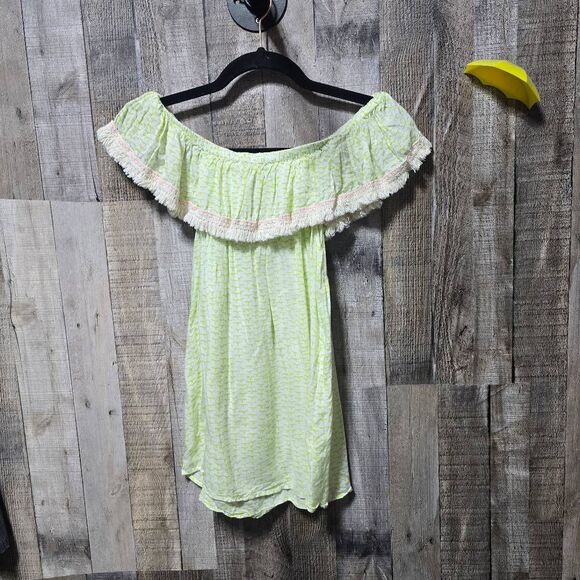 Roberta Roller Rabbit Chartreuse All Over Print Off Shoulder Fringe Blouse - Picture 1 of 5